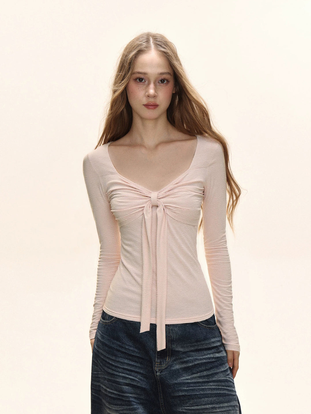 Damen Langarm T-Shirt mit Raffungen und Schleife Slim Fit