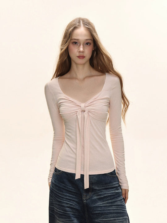 Damen Langarm T-Shirt mit Raffungen und Schleife Slim Fit