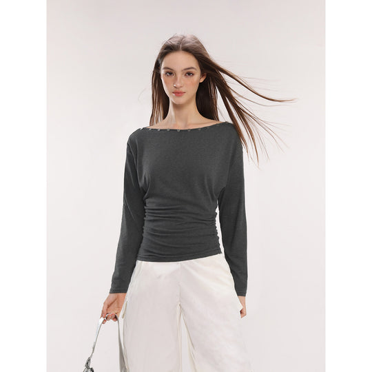 Damen Off-Shoulder Langarm Top mit Knöpfen Slim Fit