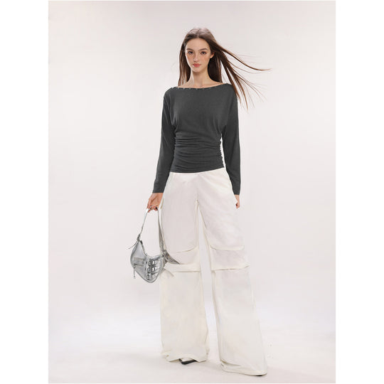 Damen Off-Shoulder Langarm Top mit Knöpfen Slim Fit
