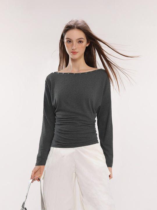 Damen Off-Shoulder Langarm Top mit Knöpfen Slim Fit