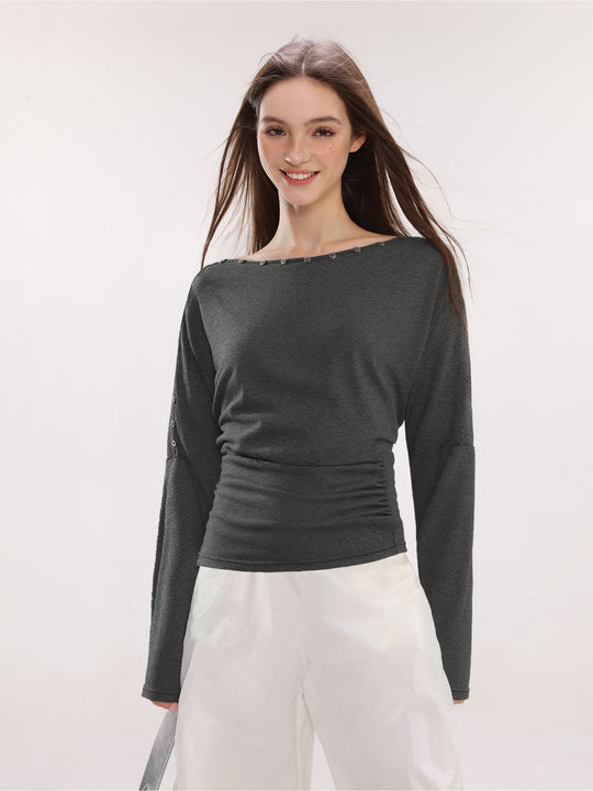 Damen Off-Shoulder Langarm Top mit Knöpfen Slim Fit