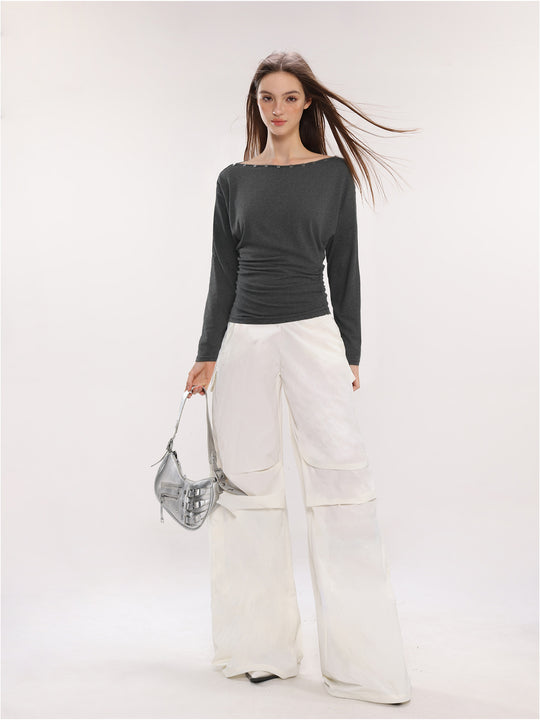 Damen Off-Shoulder Langarm Top mit Knöpfen Slim Fit