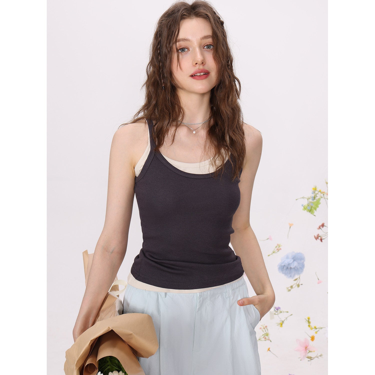 Damen Strick Cami Tank Top Einfarbig Slim Fit