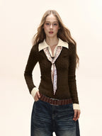 Damen Strick Polo Top mit Zopfmuster Slim Fit