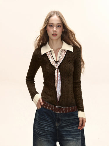 Damen Strick Polo Top mit Zopfmuster Slim Fit