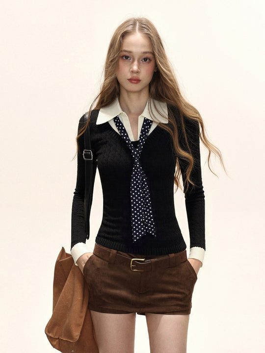 Damen Strick Polo Top mit Zopfmuster Slim Fit