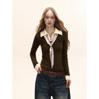 Damen Strick Polo Top mit Zopfmuster Slim Fit
