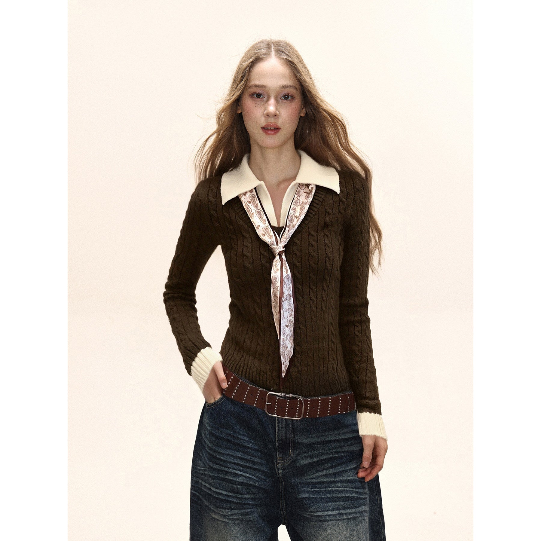 Damen Strick Polo Top mit Zopfmuster Slim Fit