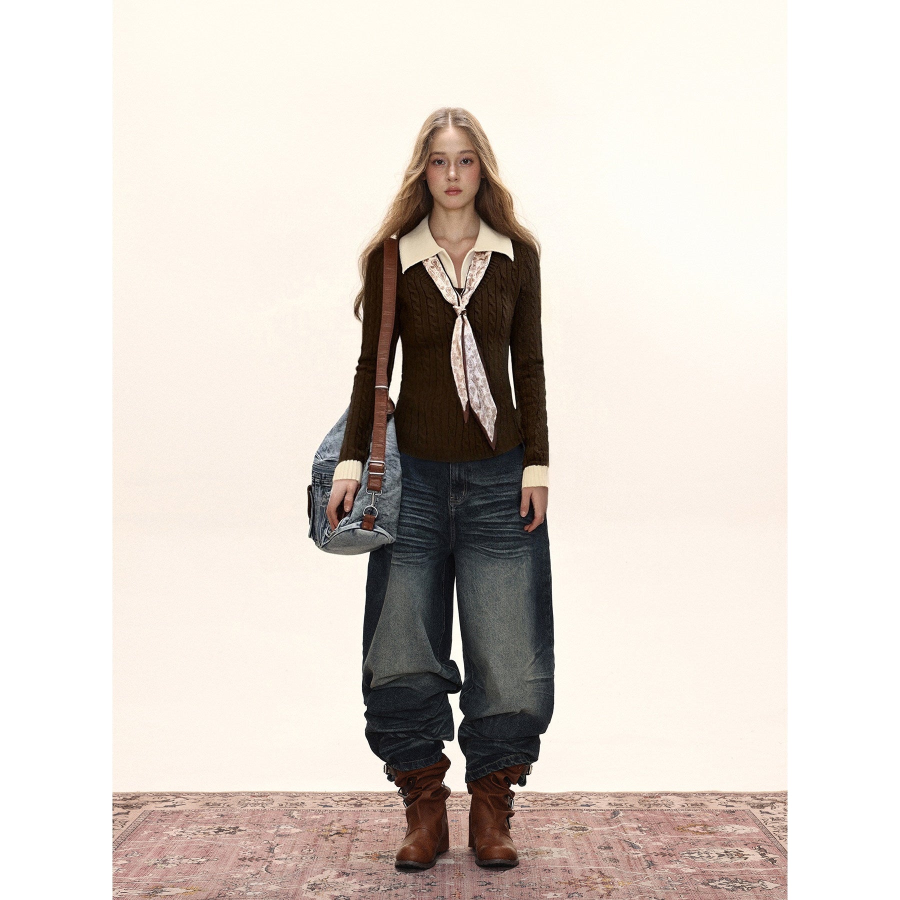 Damen Strick Polo Top mit Zopfmuster Slim Fit