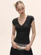 Damen V-Ausschnitt Kurzarm T-Shirt Einfarbig Slim Fit