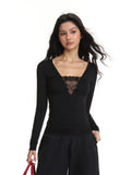 Damen Spitzen Langarm Unterhemd Slim Fit Schwarz