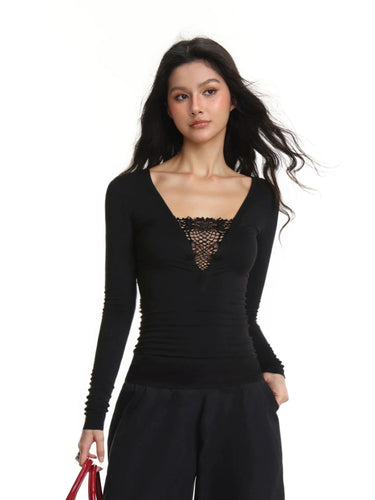 Damen Spitzen Langarm Unterhemd Slim Fit Schwarz