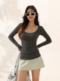 Damen U-Ausschnitt Langarm T-Shirt Slim Fit Grau