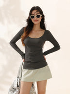 Damen U-Ausschnitt Langarm T-Shirt Slim Fit Grau