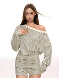 Damen Off-Shoulder Set mit Shorts und Kordelzug