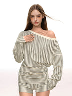 Damen Off-Shoulder Set mit Shorts und Kordelzug