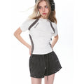 Damen Kurzarm T-Shirt Kontrast Sportlich Slim Fit Grau