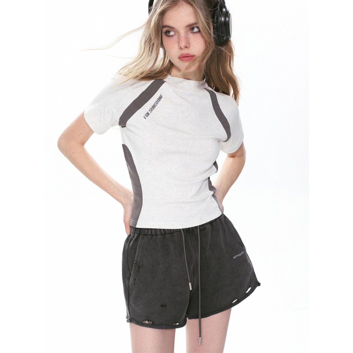 Damen Kurzarm T-Shirt Kontrast Sportlich Slim Fit Grau
