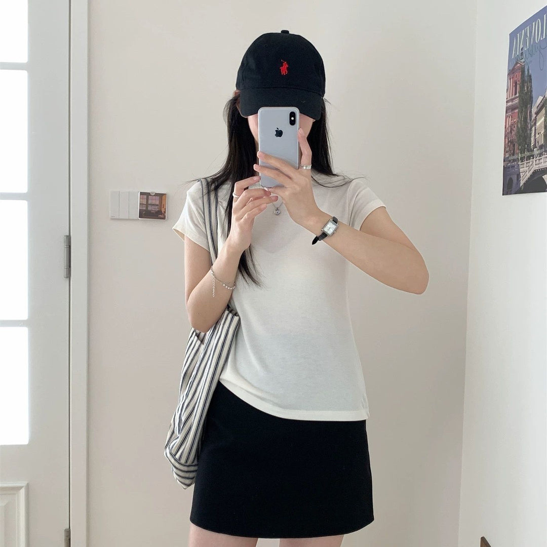 Damen Rundhals Kurzarm T-Shirt Slim Fit Grau