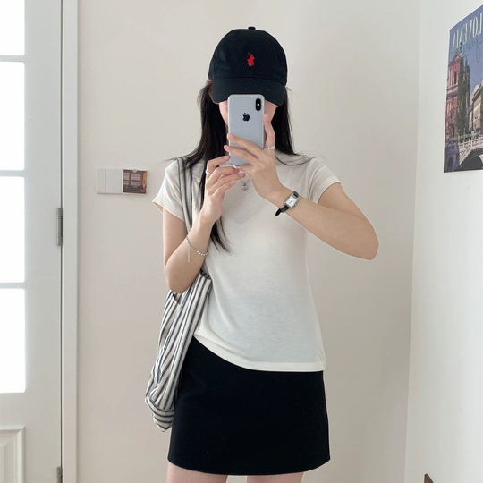 Damen Rundhals Kurzarm T-Shirt Slim Fit Grau