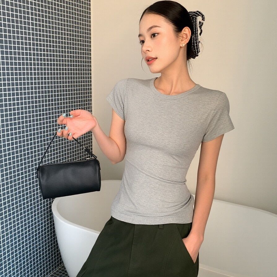 Damen Kurzarm Rundhals T-Shirt Slim Fit Grau
