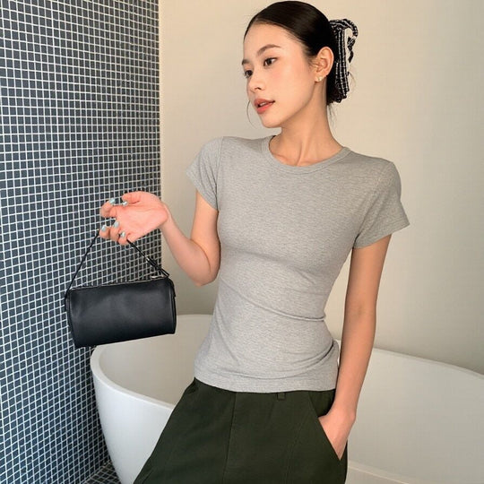 Damen Kurzarm Rundhals T-Shirt Slim Fit Grau