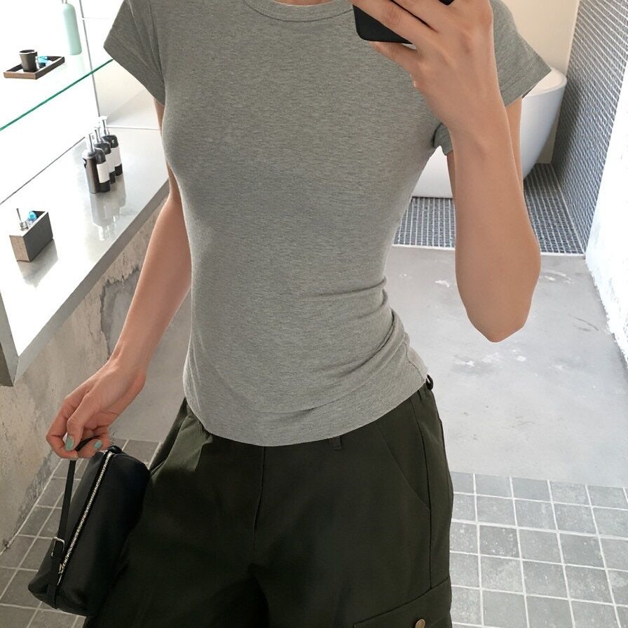Damen Kurzarm Rundhals T-Shirt Slim Fit Grau