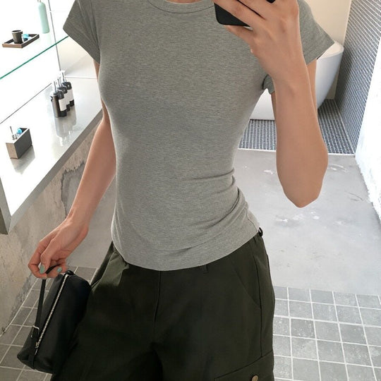 Damen Kurzarm Rundhals T-Shirt Slim Fit Grau
