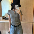 Damen Kurzarm T-Shirt mit Knopfleiste Slim Fit