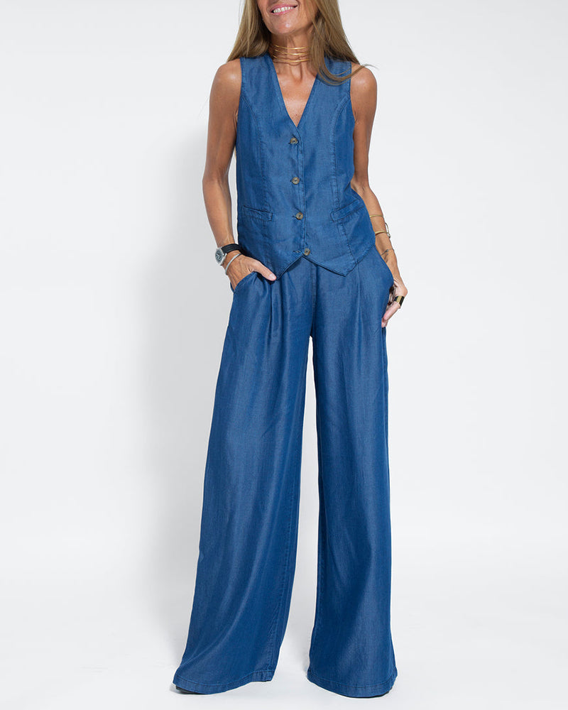 R&B | Elegantes 2-Teiliges Set Leinen Weite Hose & Weste