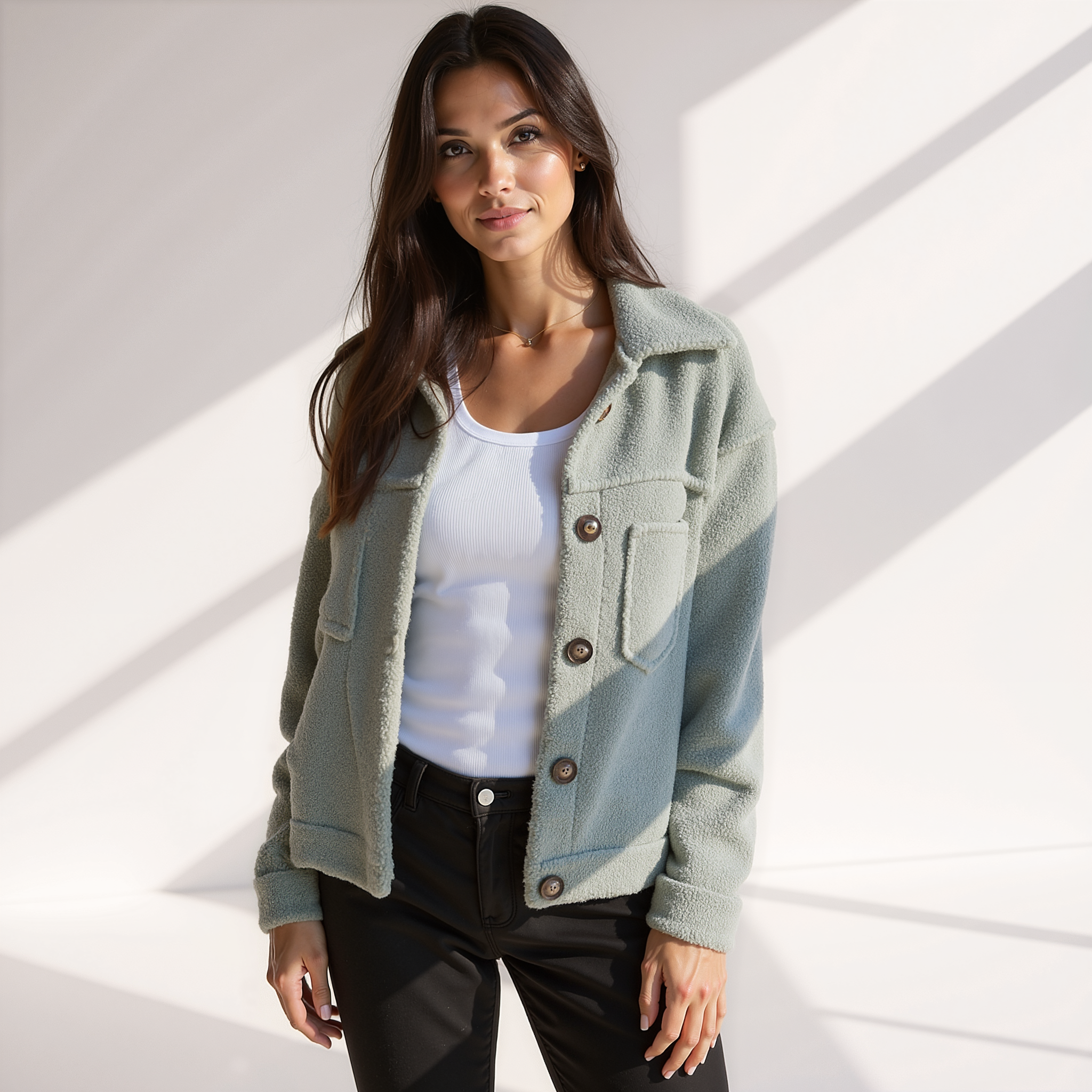 R&B | Weiche Damen Teddy Herbstjacke mit Knöpfen und Taschen