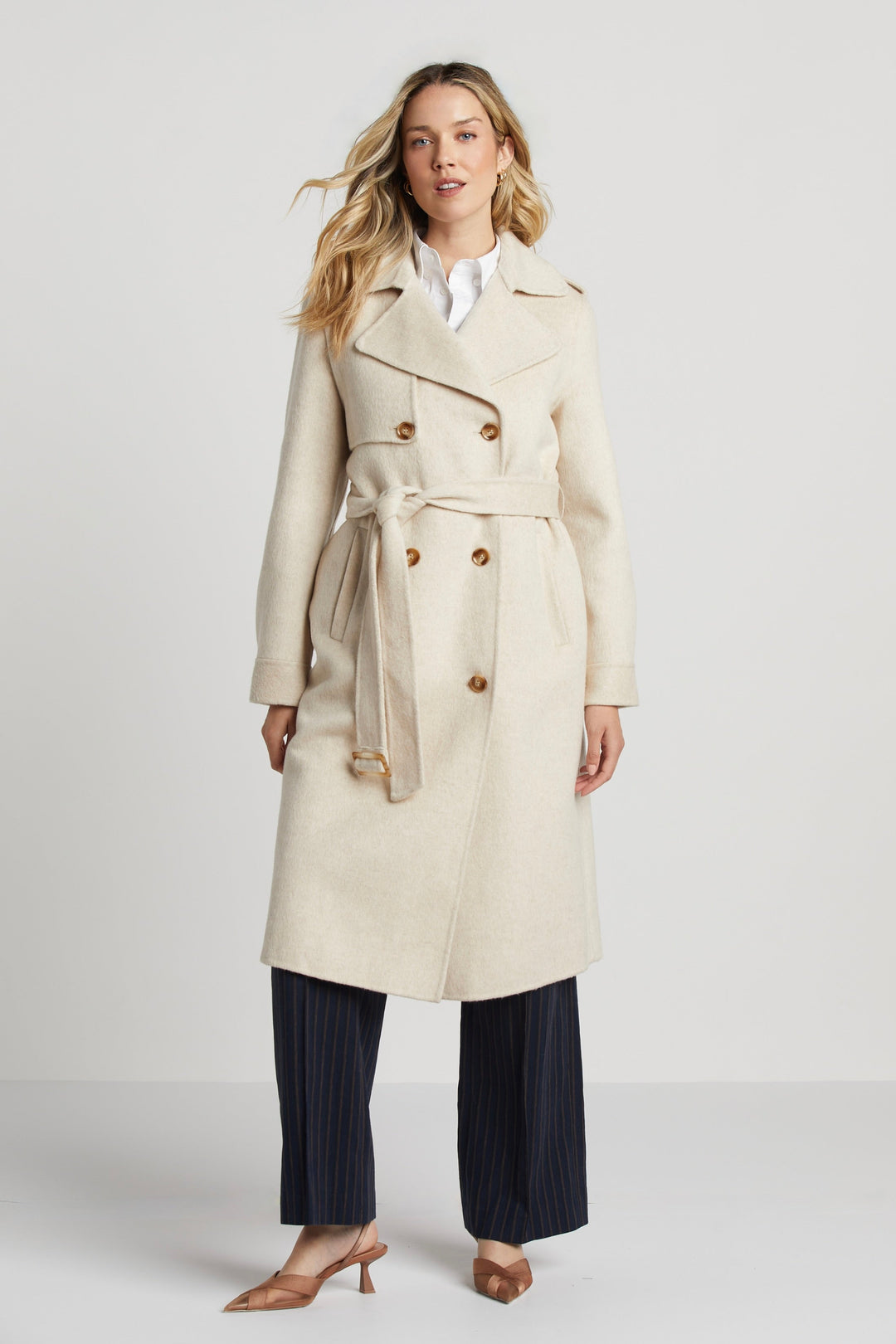 R&B | Damen Wolljacke mit doppelter Knopfreihe und abnehmbarem Gürtel und Sturmklappe