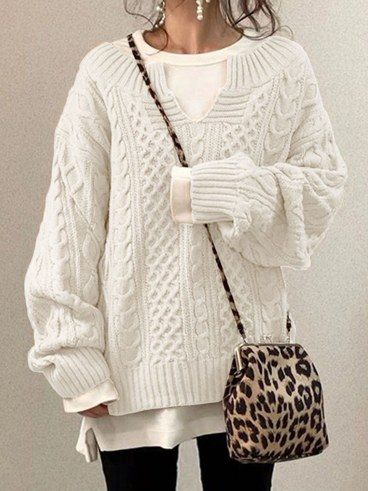 R&B | Kabelstrickpullover - Damen Herbst Grobstrickpullover mit Schlitzkragen