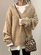R&B | Kabelstrickpullover - Damen Herbst Grobstrickpullover mit Schlitzkragen