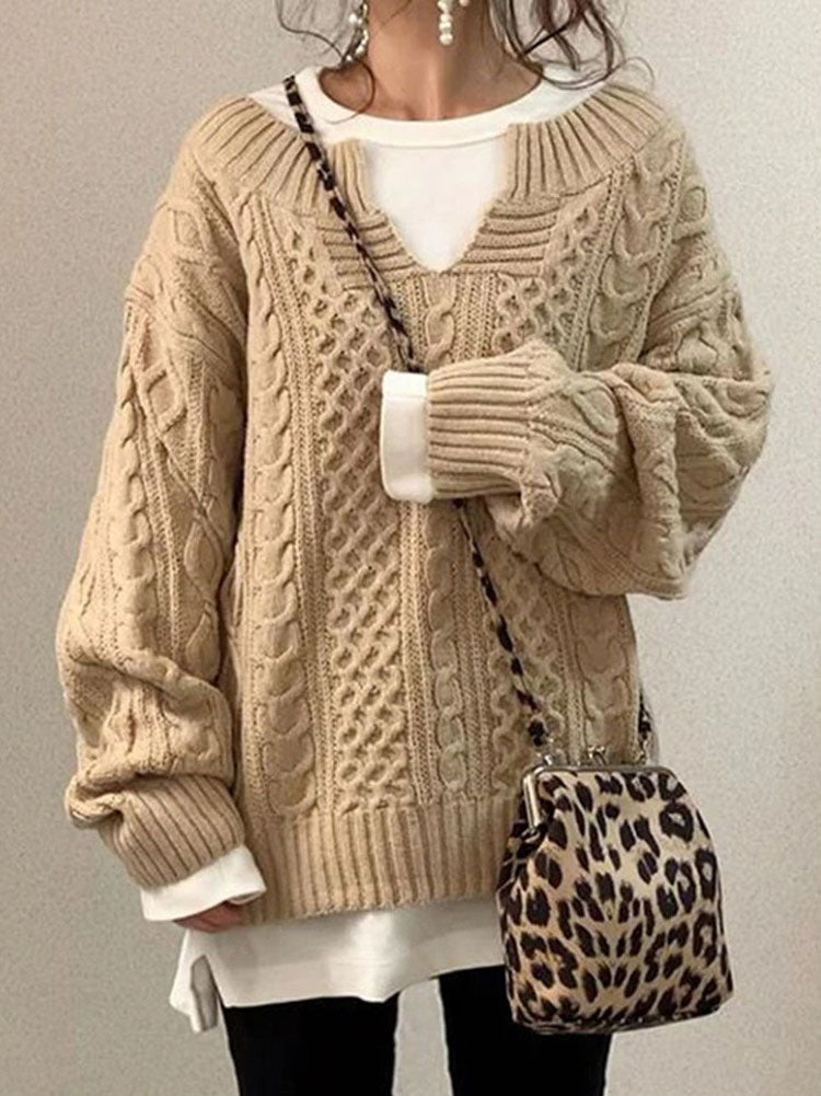 R&B | Kabelstrickpullover - Damen Herbst Grobstrickpullover mit Schlitzkragen