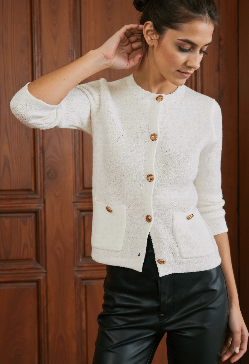 R&B | Cardigan - Damen Herbst Weiß Strickcardigan mit Metallknöpfen