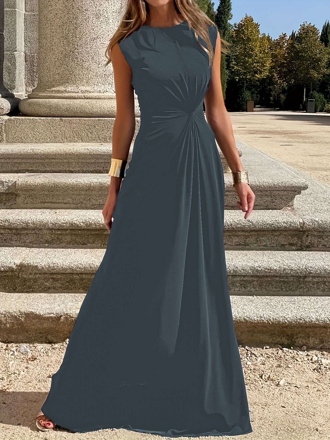 Damenmode Elegante Langarm Revers V-Ausschnitt Solide Farbe Party Maxikleid