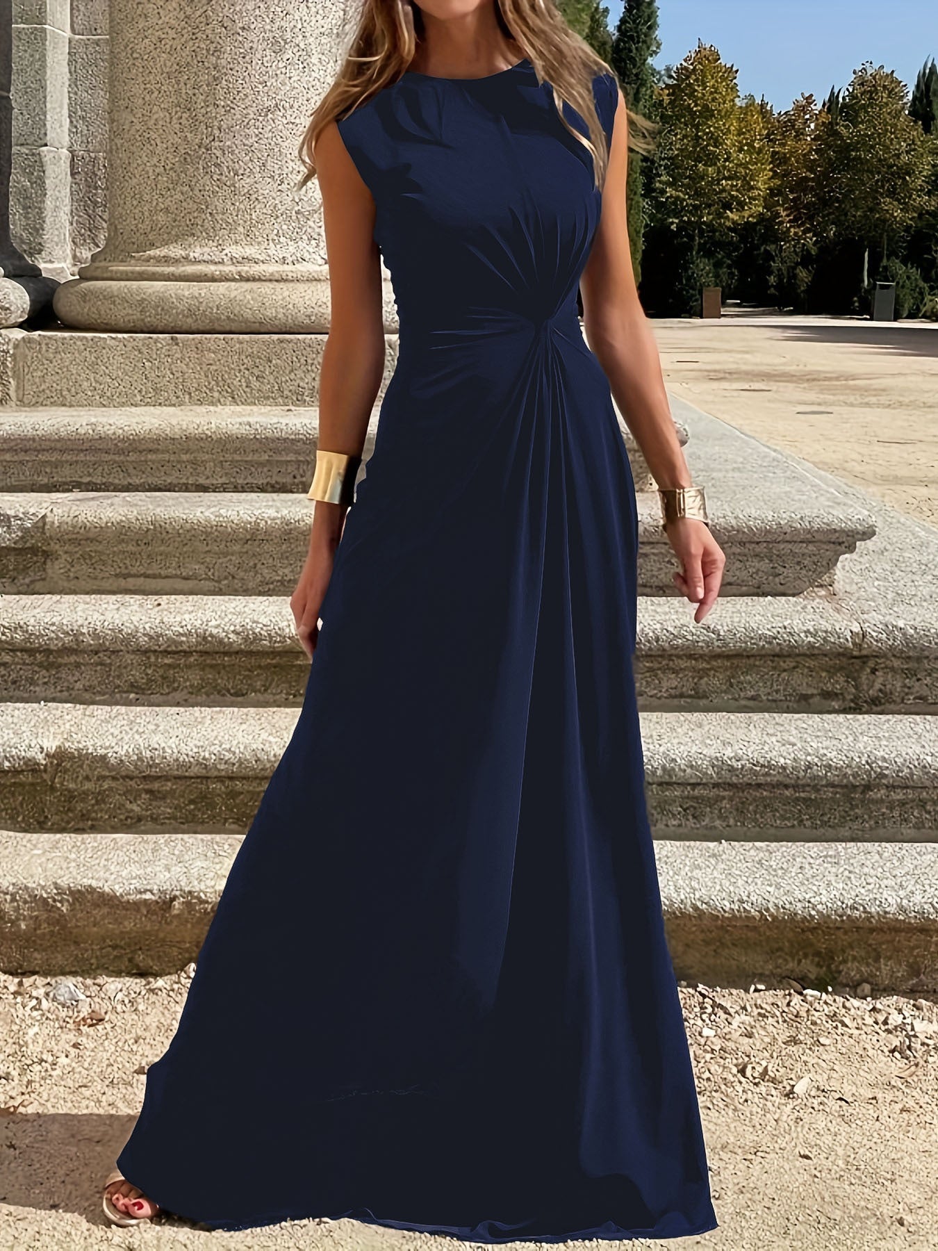 Damenmode Elegante Langarm Revers V-Ausschnitt Solide Farbe Party Maxikleid