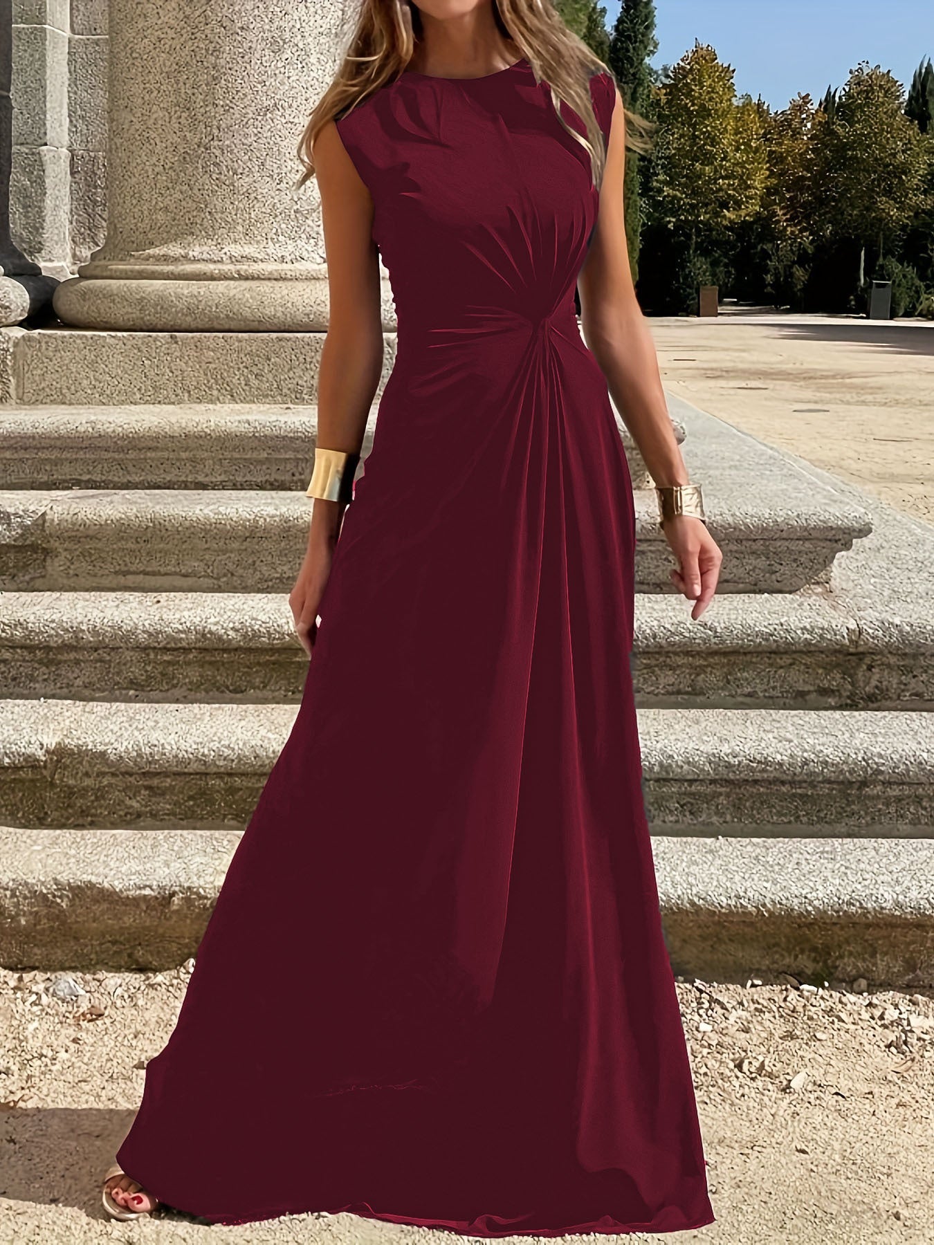 Damenmode Elegante Langarm Revers V-Ausschnitt Solide Farbe Party Maxikleid