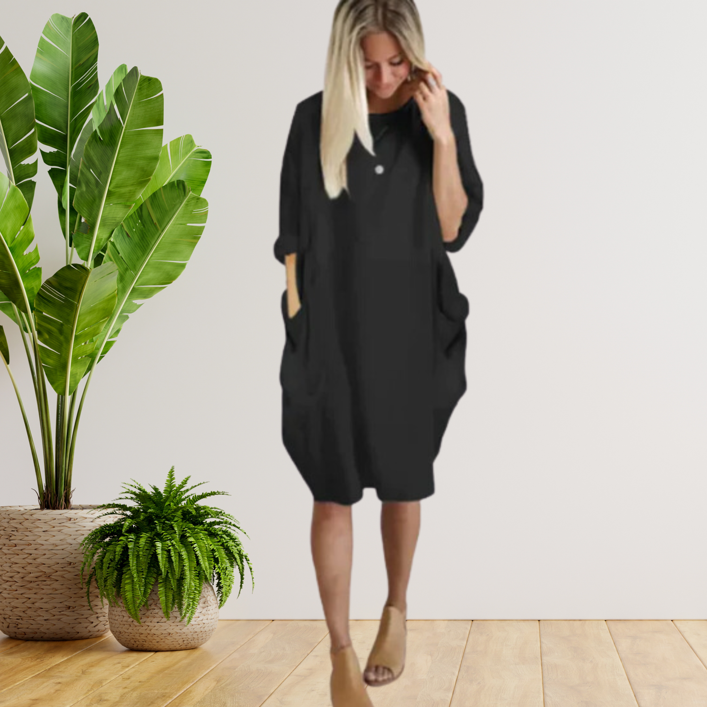 Langärmeliges lockeres Taschenkleid