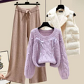 R&B | Dreiteiliges Damen Strickjacken Jackett, Locker Sitzender Pullover und Weite Hosenbeine