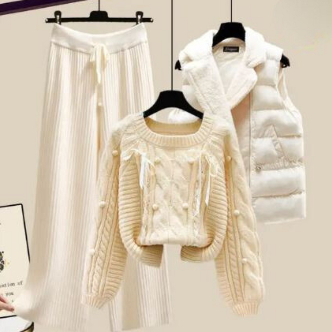 R&B | Dreiteiliges Damen Strickjacken Jackett, Locker Sitzender Pullover und Weite Hosenbeine