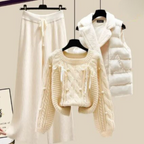 R&B | Dreiteiliges Damen Strickjacken Jackett, Locker Sitzender Pullover und Weite Hosenbeine
