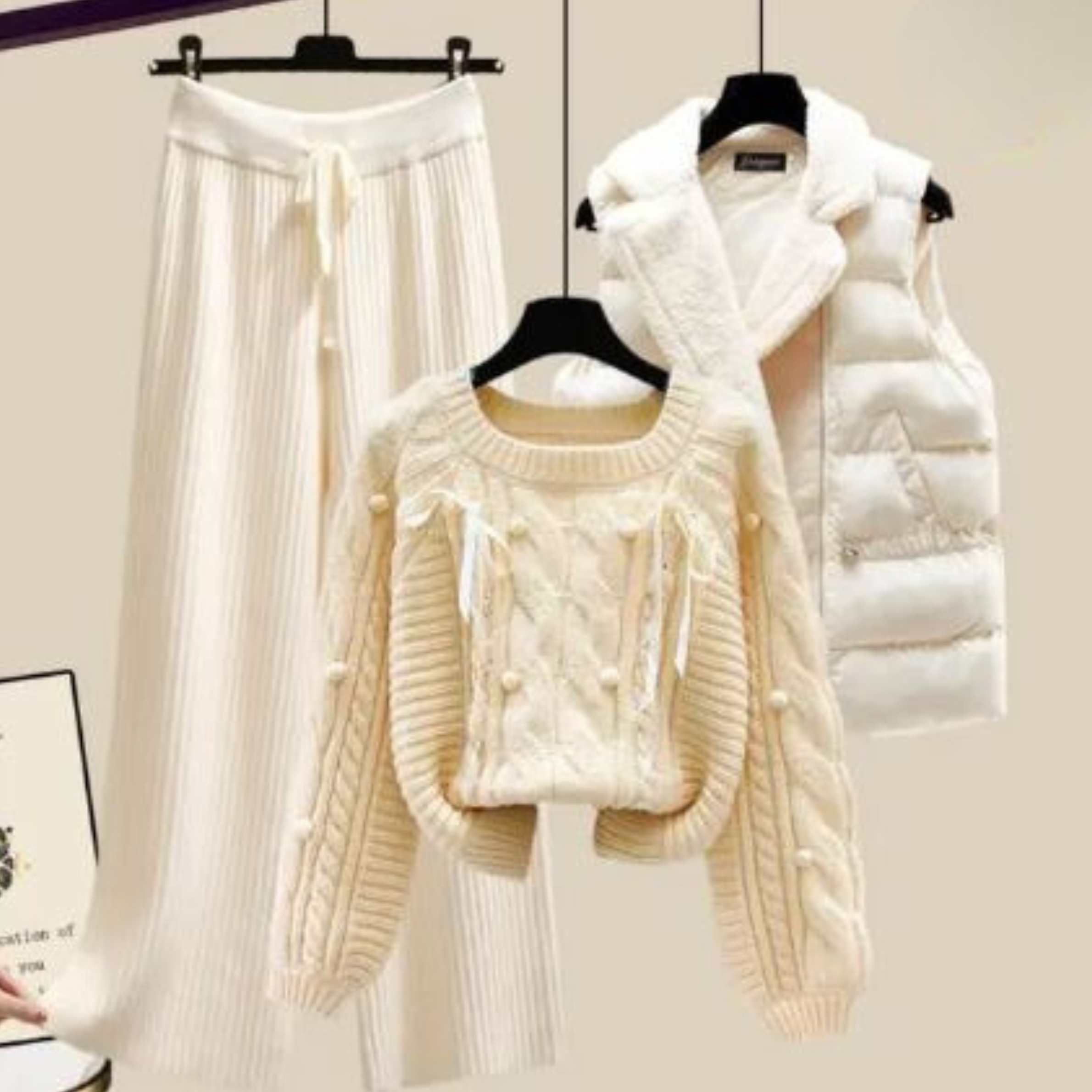 R&B | Dreiteiliges Damen Strickjacken Jackett, Locker Sitzender Pullover und Weite Hosenbeine