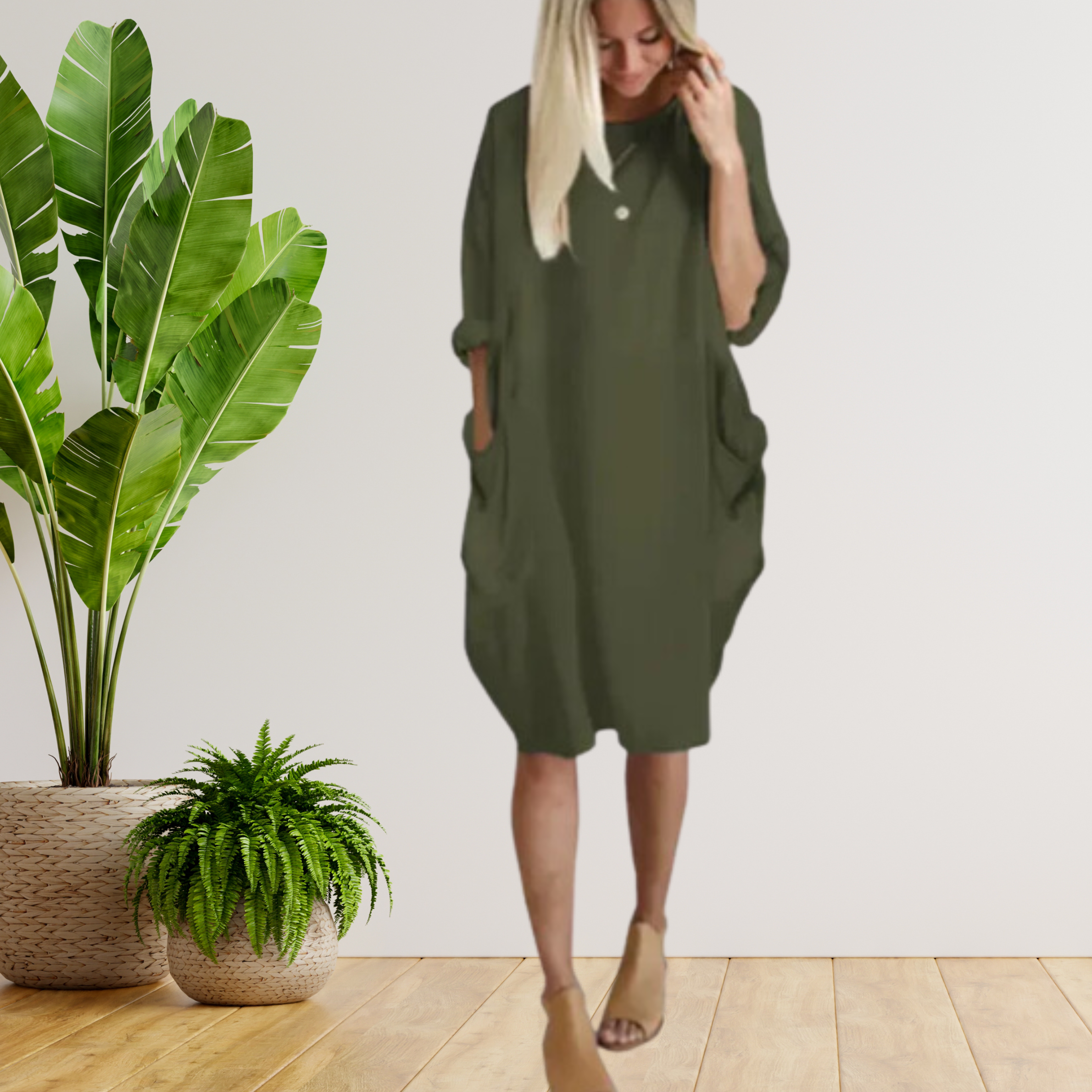 Langärmeliges lockeres Taschenkleid