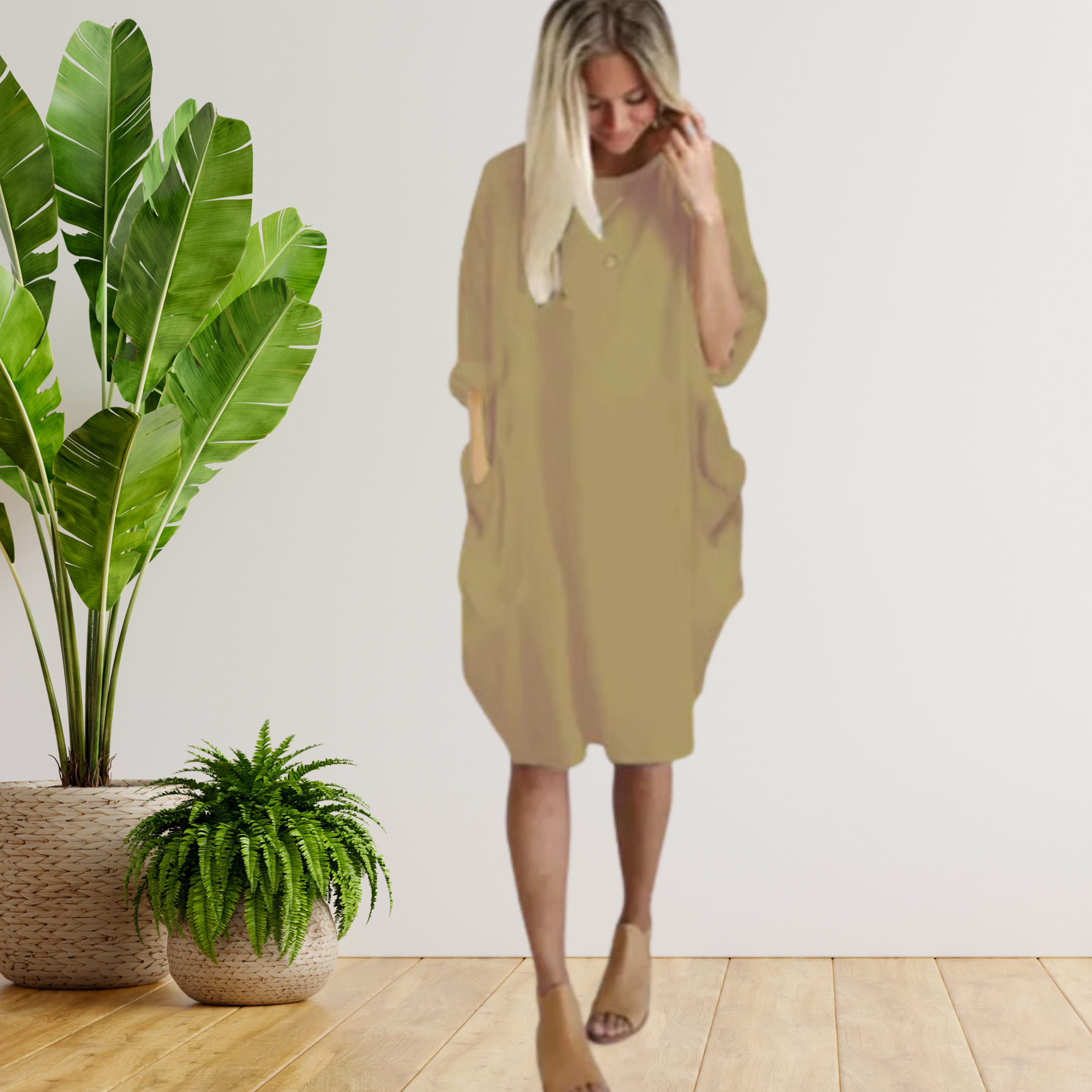 Langärmeliges lockeres Taschenkleid