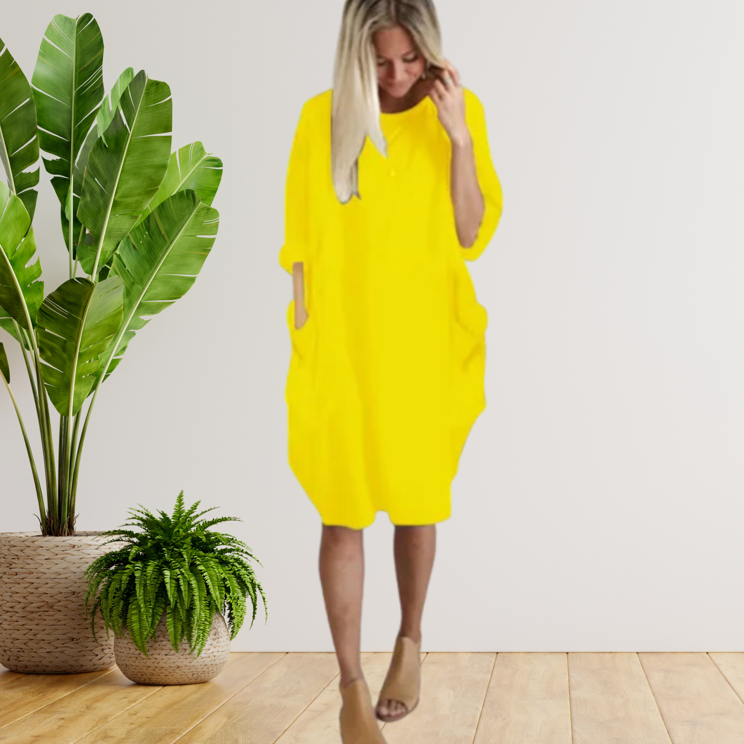 Langärmeliges lockeres Taschenkleid