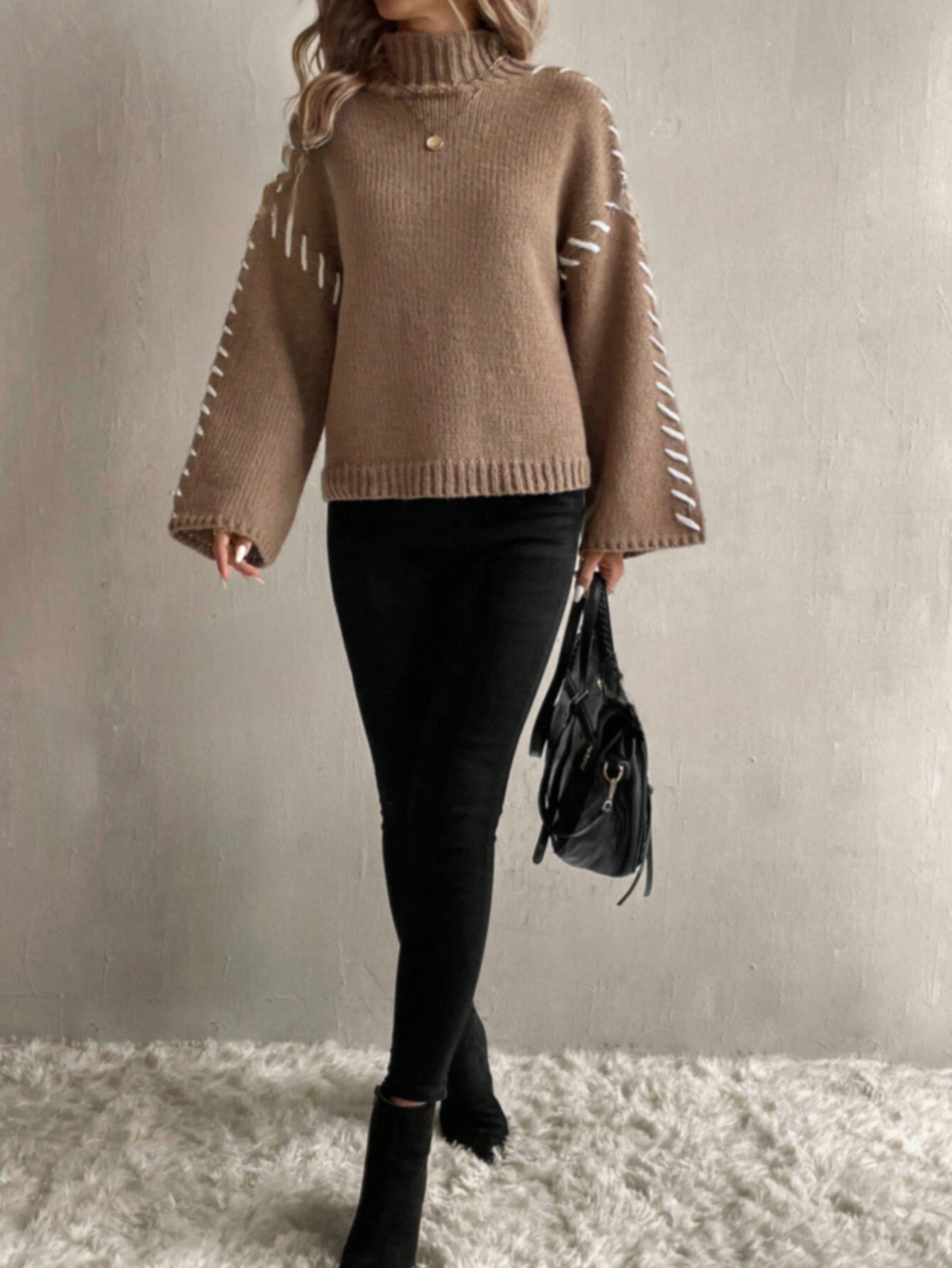 R&B | Damen Patchwork Strickpullover mit Kontrastierenden Farben und Rollkragen
