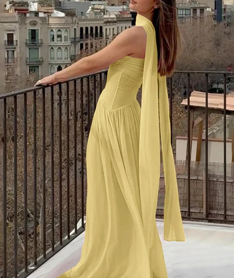 R&B | Patchwork Maxi Kleid Schal Rückenfrei Strapless Rüschen Bankett